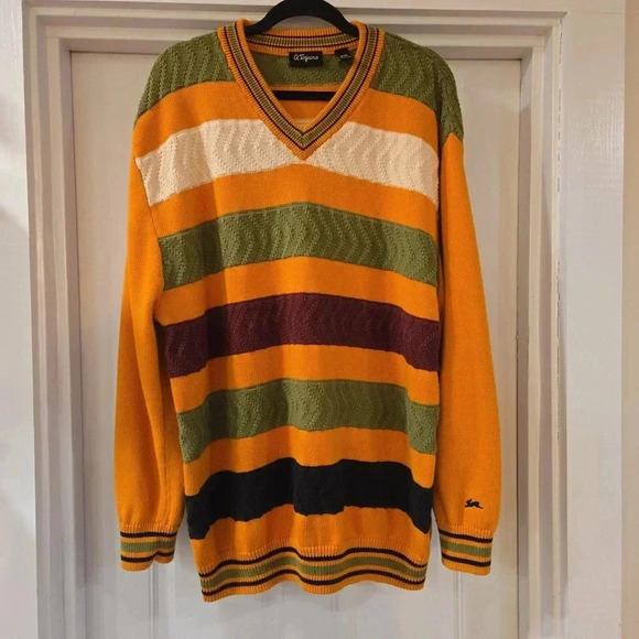 VTG A. Taziano Mens V-Neck Cotton Striped Y2K Relaxed Fit Sweater Orange Green - Picture 9 of 10